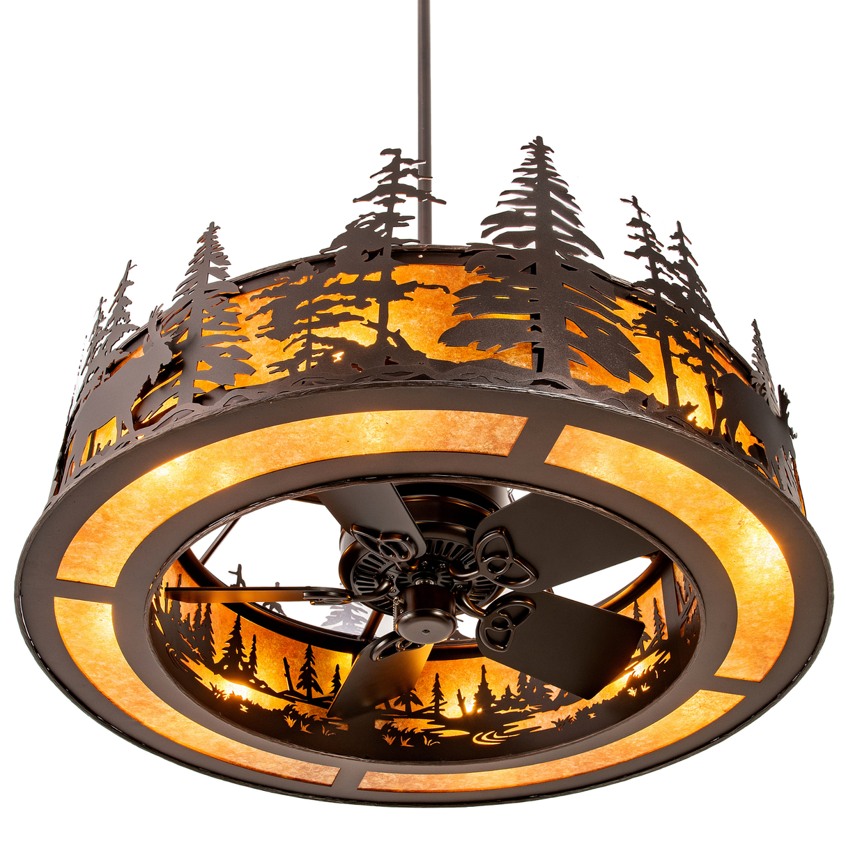 Bottom angle lit view showing fan and illuminated woodland design.