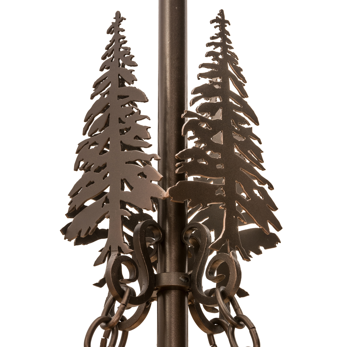 Top detail showing pine tree finials and bronze chain suspension.
