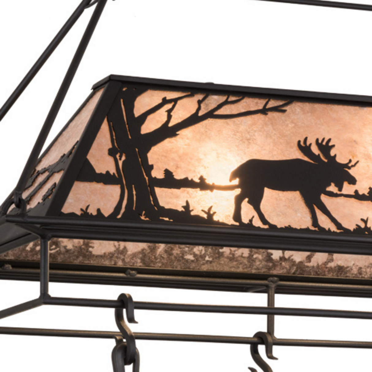 Close-up of moose silhouette panel on Moose at Lake pot rack.