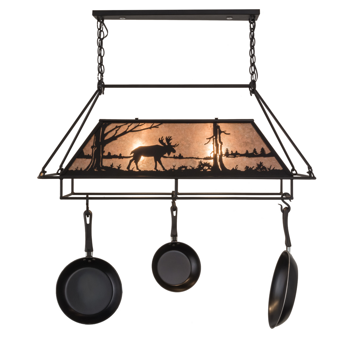 Front view of Moose at Lake pot rack with pans suspended.