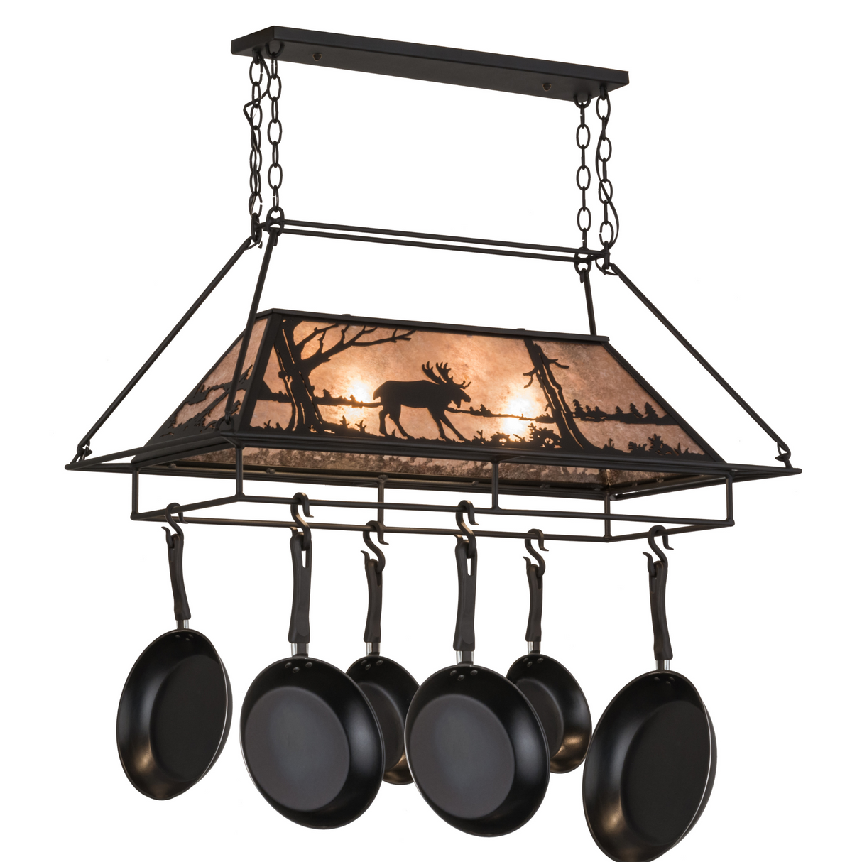 Moose at Lake pot rack light with pans hanging, angled view.