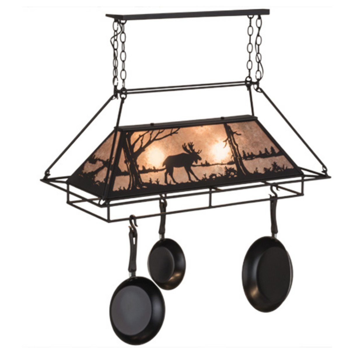 Moose at Lake pot rack glowing warmly with moose and tree silhouettes.