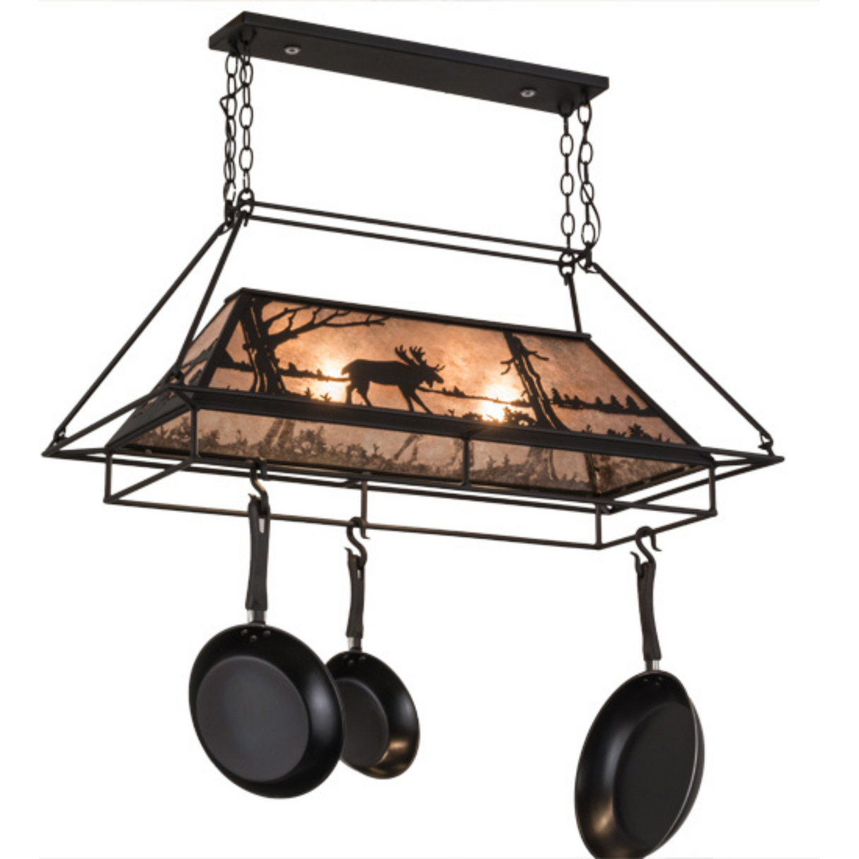 Side view of lit Moose at Lake pot rack with rustic woodland design.