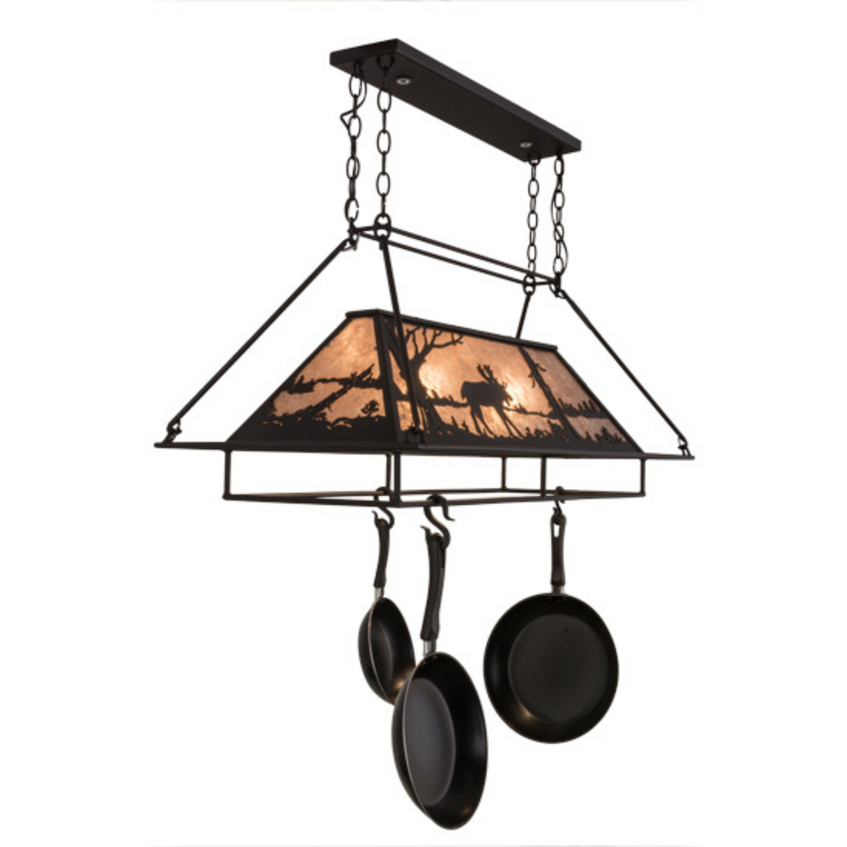 Side angled Moose at Lake pot rack featuring mica diffuser glow.