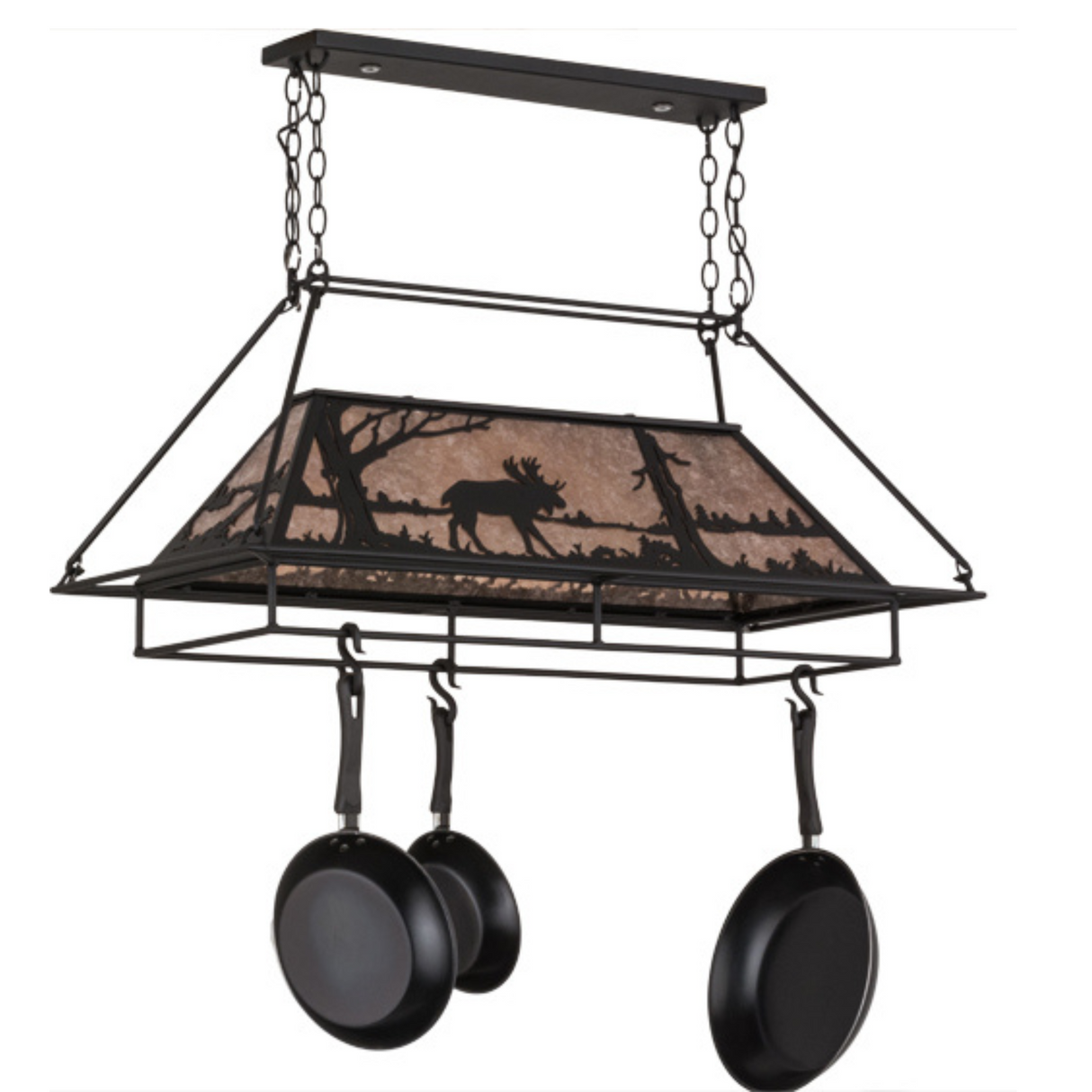 Unlit Moose at Lake pot rack showing moose silhouette, angled view.