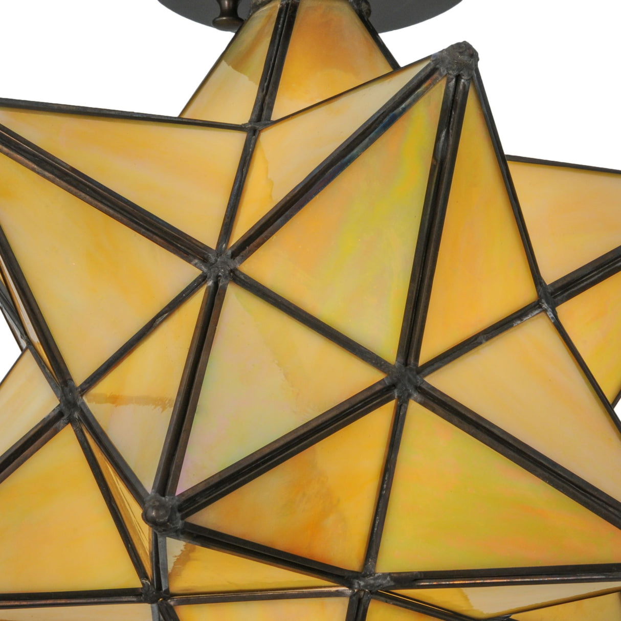 Close-up of the Moravian Star Beige Iridescent Flushmount highlighting the detailed glass craftsmanship.