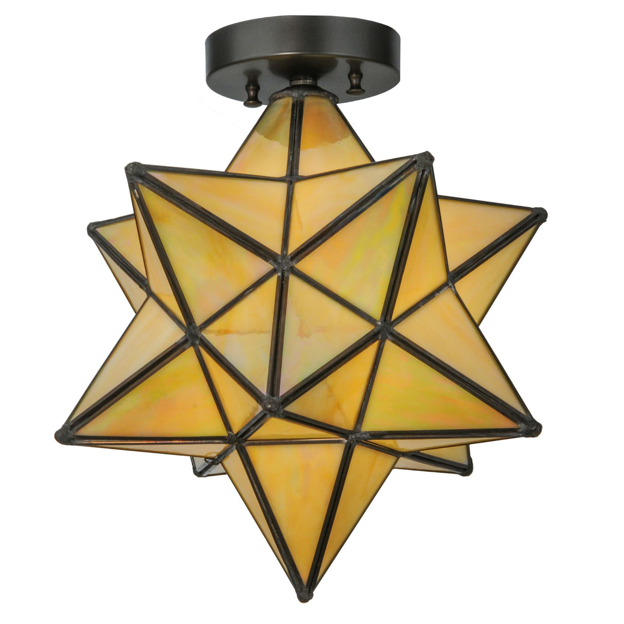 Illuminated Moravian Star Beige Iridescent Flushmount emitting a warm ambient glow.