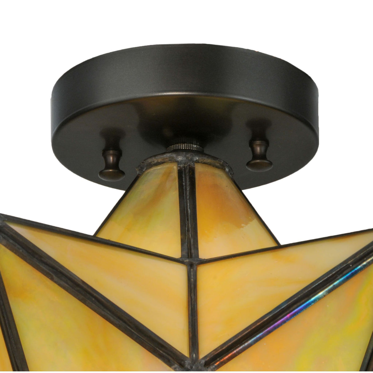 Ceiling mounting view of the Moravian Star Beige Iridescent Flushmount with its Craftsman Brown fixture.