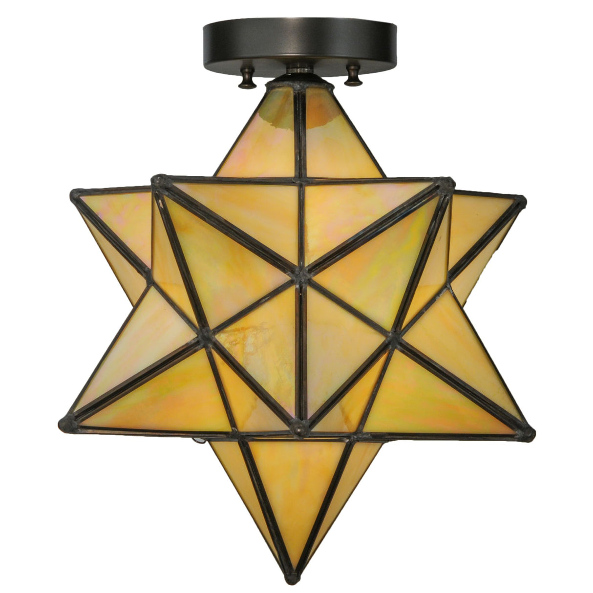 Side angle of the Moravian Star Beige Iridescent Flushmount highlighting its geometric structure.