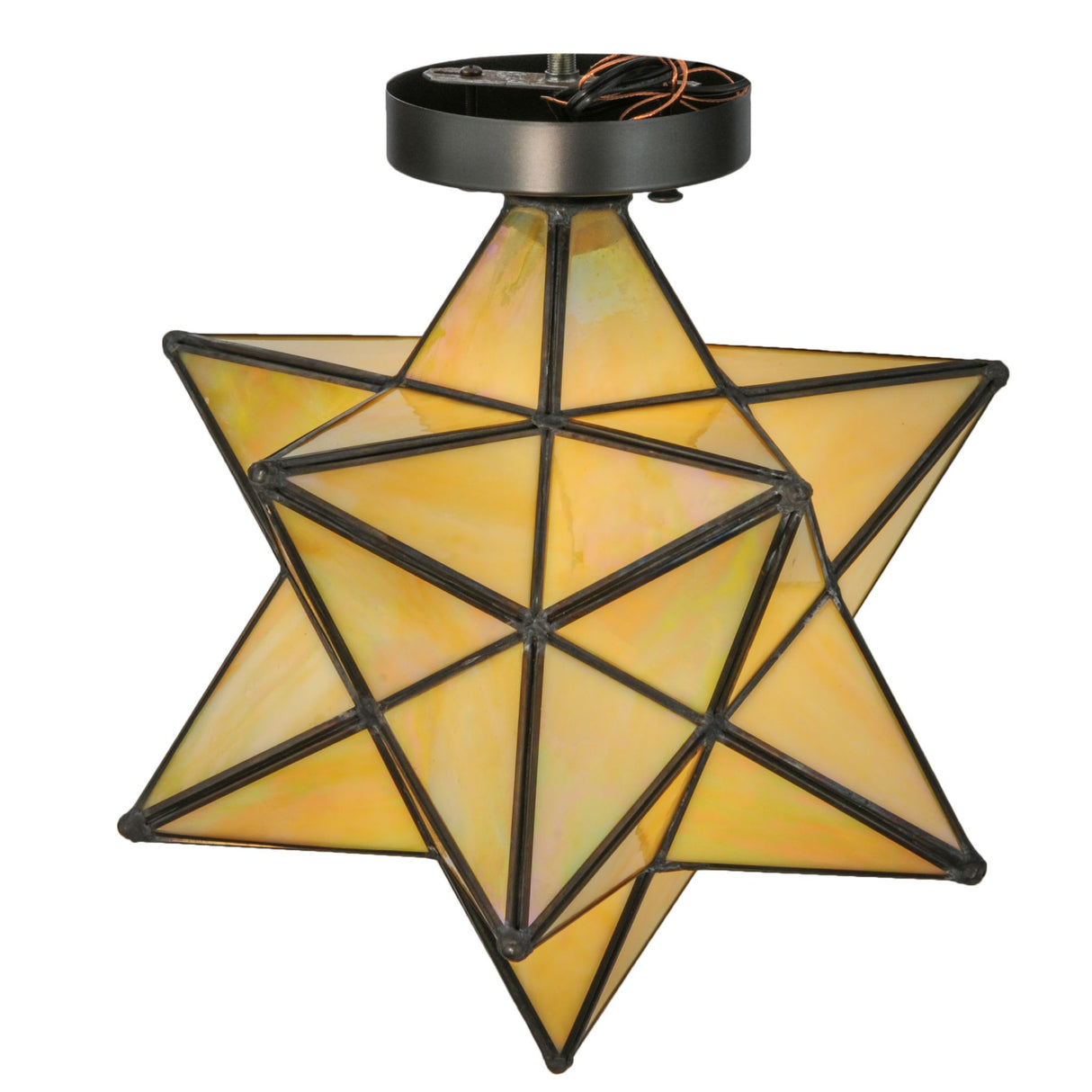 Top view of the Moravian Star Beige Iridescent Flushmount, highlighting its mounting details and design.