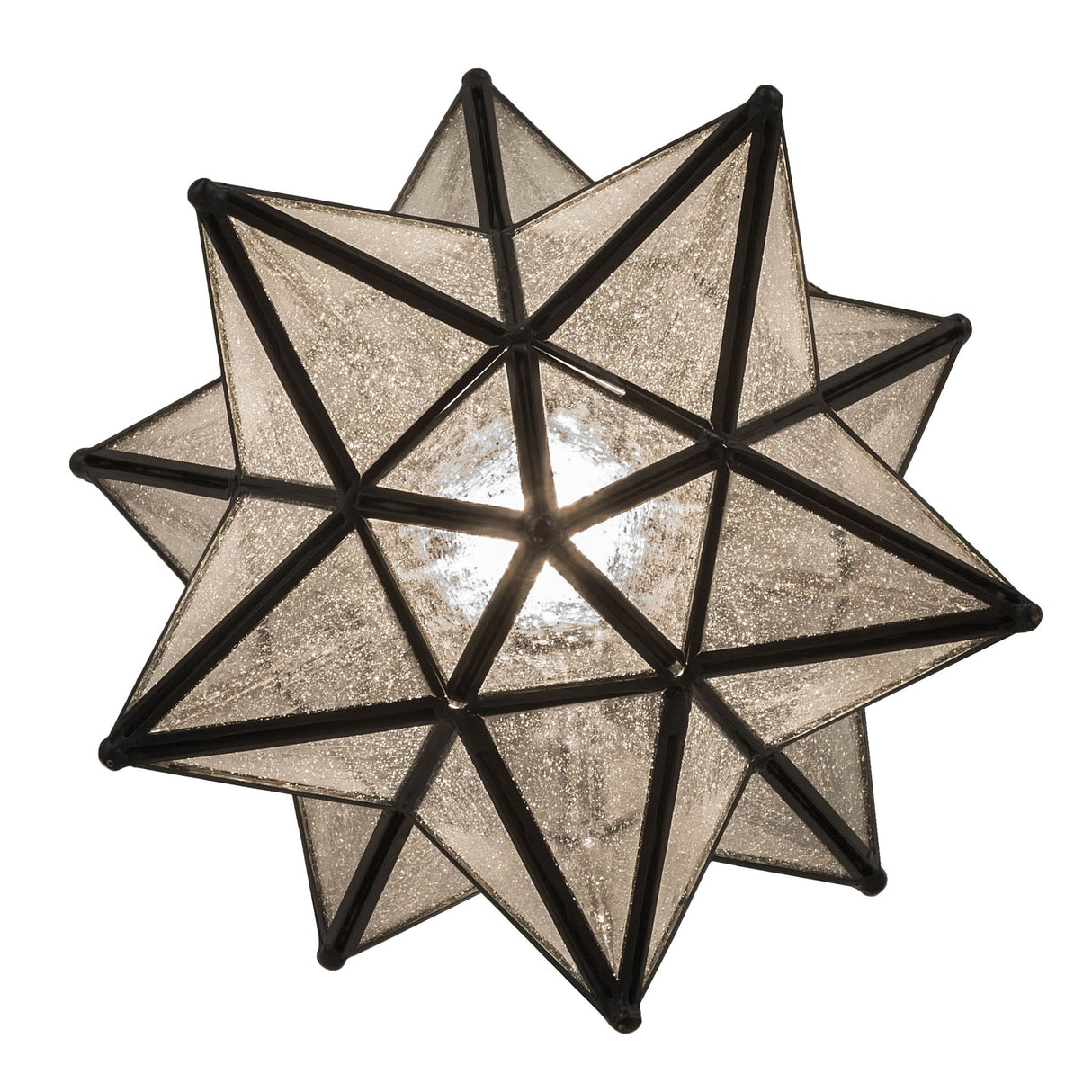 Bottom view of the Moravian Star Flushmount, emphasizing the radiant glass panels.