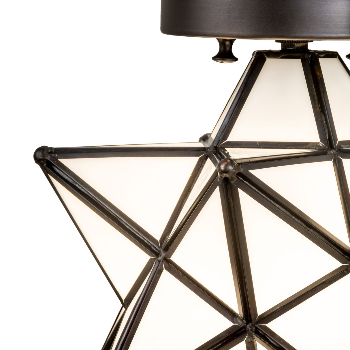 Close-up view of the Moravian Star Flushmount, highlighting the detailed metal framework and glass panels.