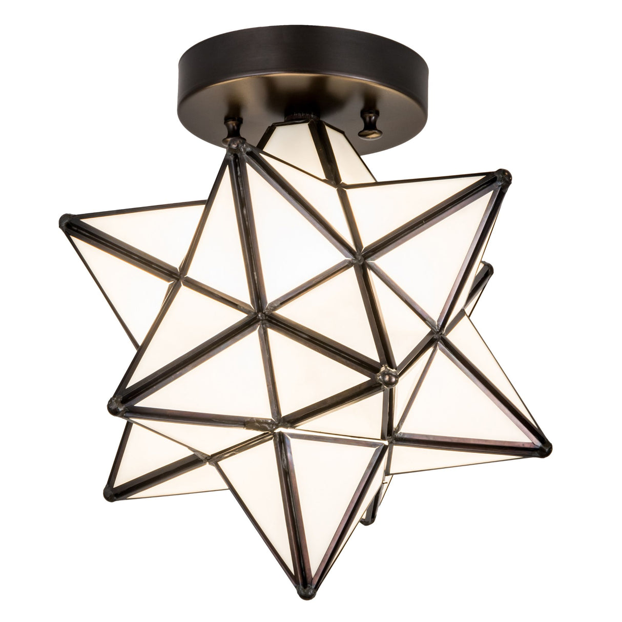 Lit view of the Moravian Star Flushmount, showcasing its radiant glow.