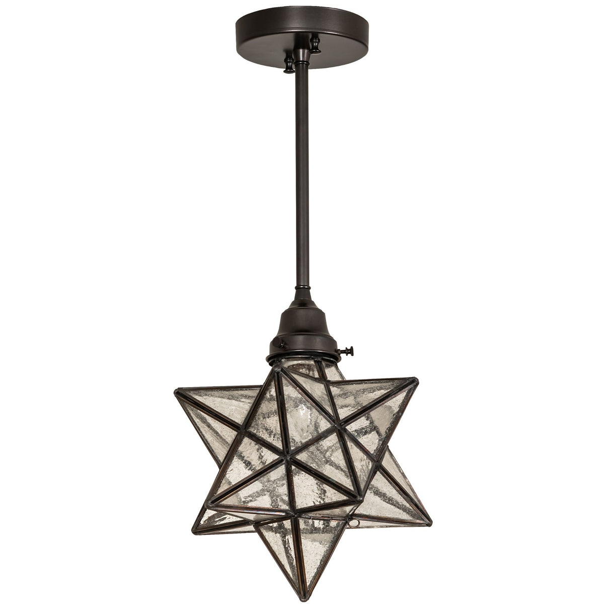 Unlit view of the Moravian Star Pendant, showcasing its clear seeded glass and geometric design.
