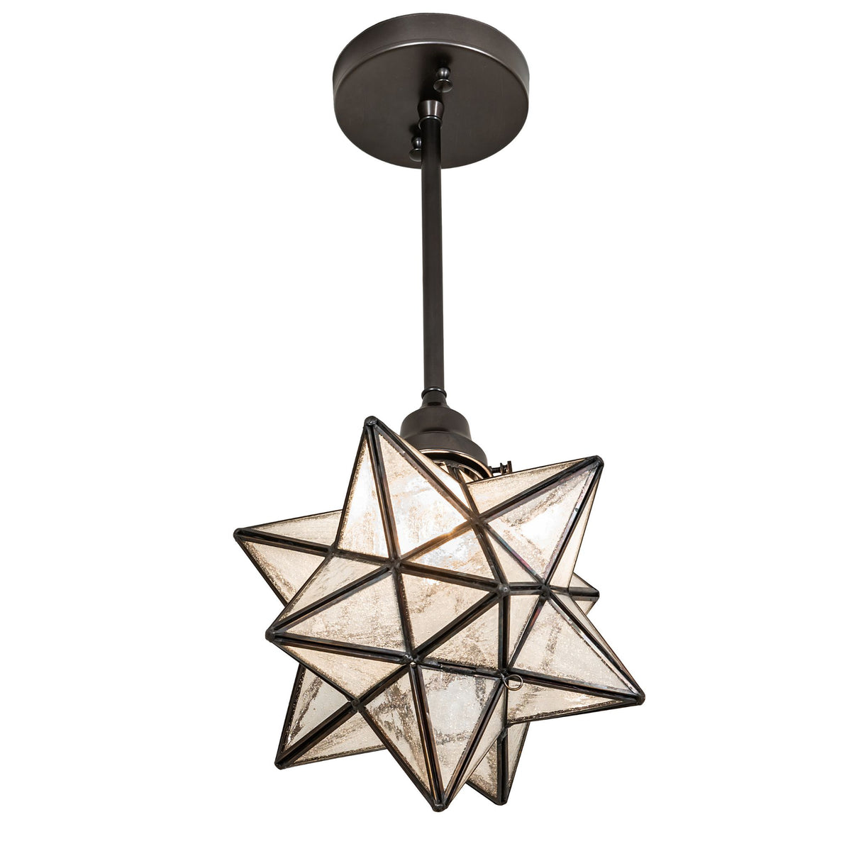 Angled view of the Moravian Star pendant showcasing intricate glasswork.