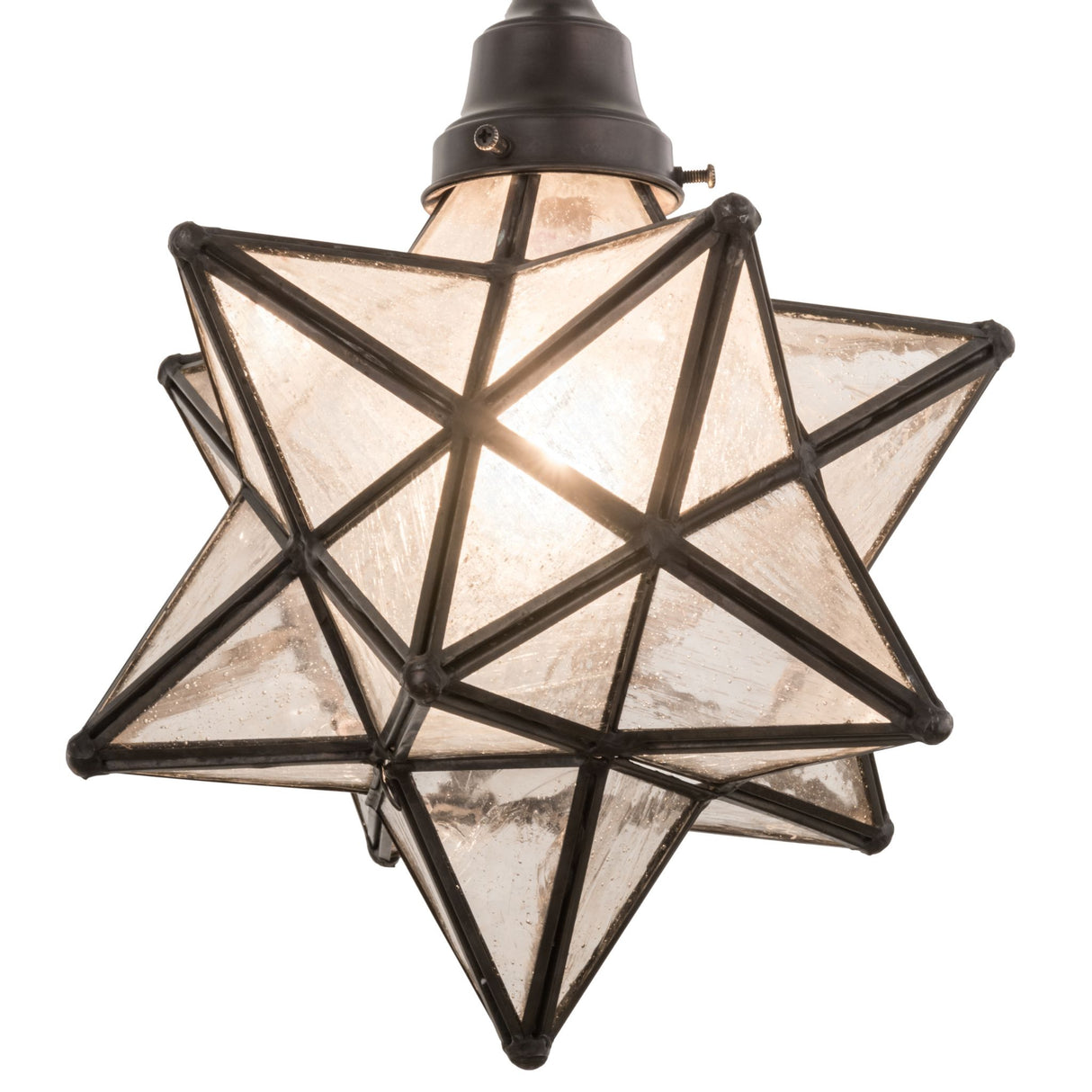 Closeup view of highlighting the seeded glass texture and metalwork.