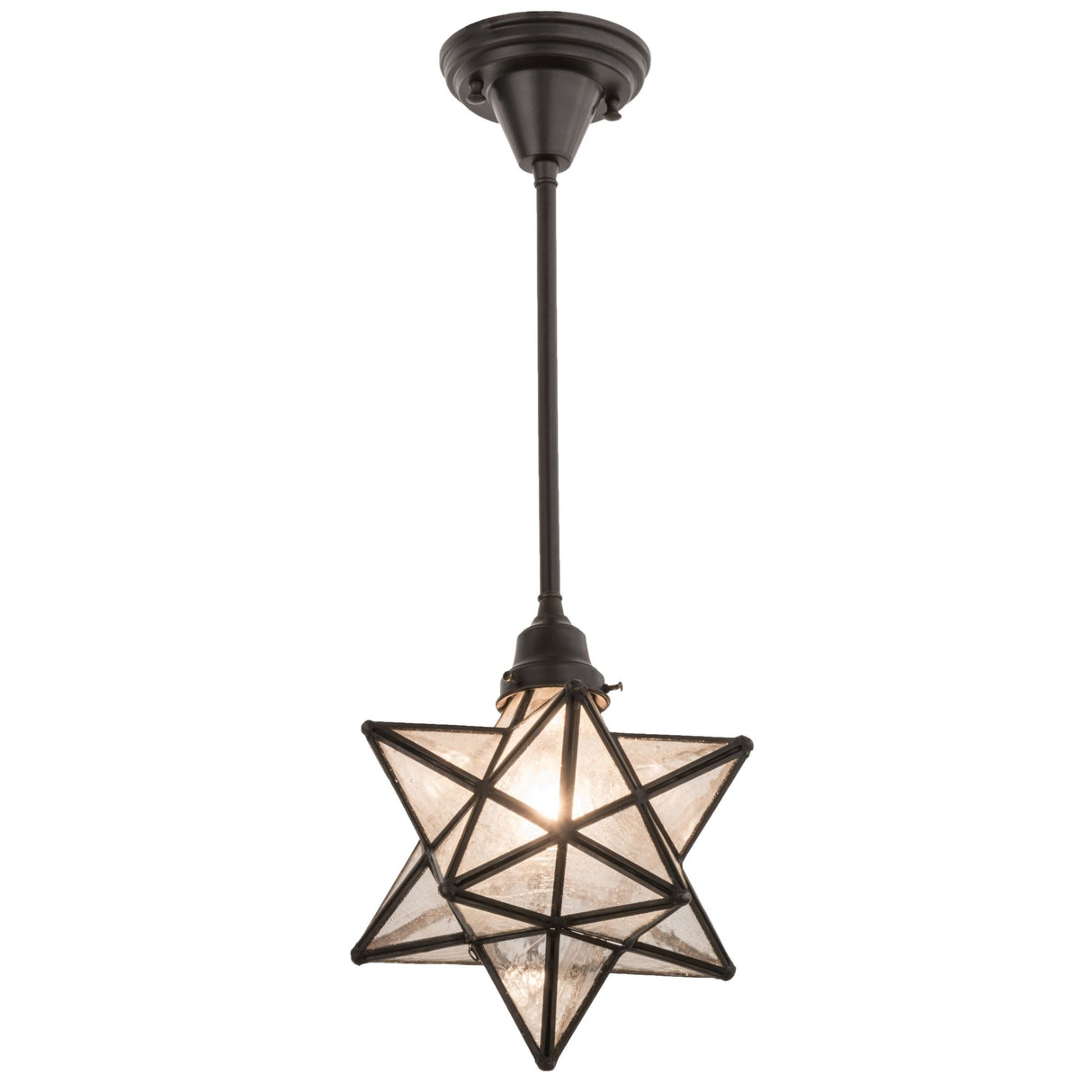 Front view of Moravian star pendant with clear seeded glass.