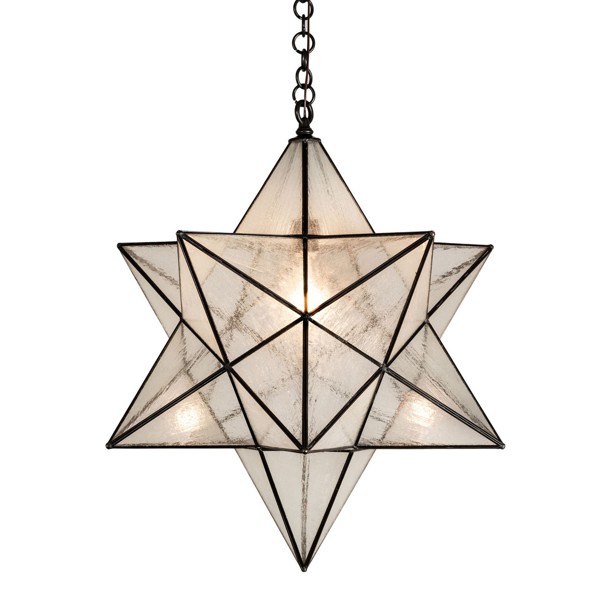 Front-facing view of the Moravian Star pendant with elegant Clear Seeded Glass panels.