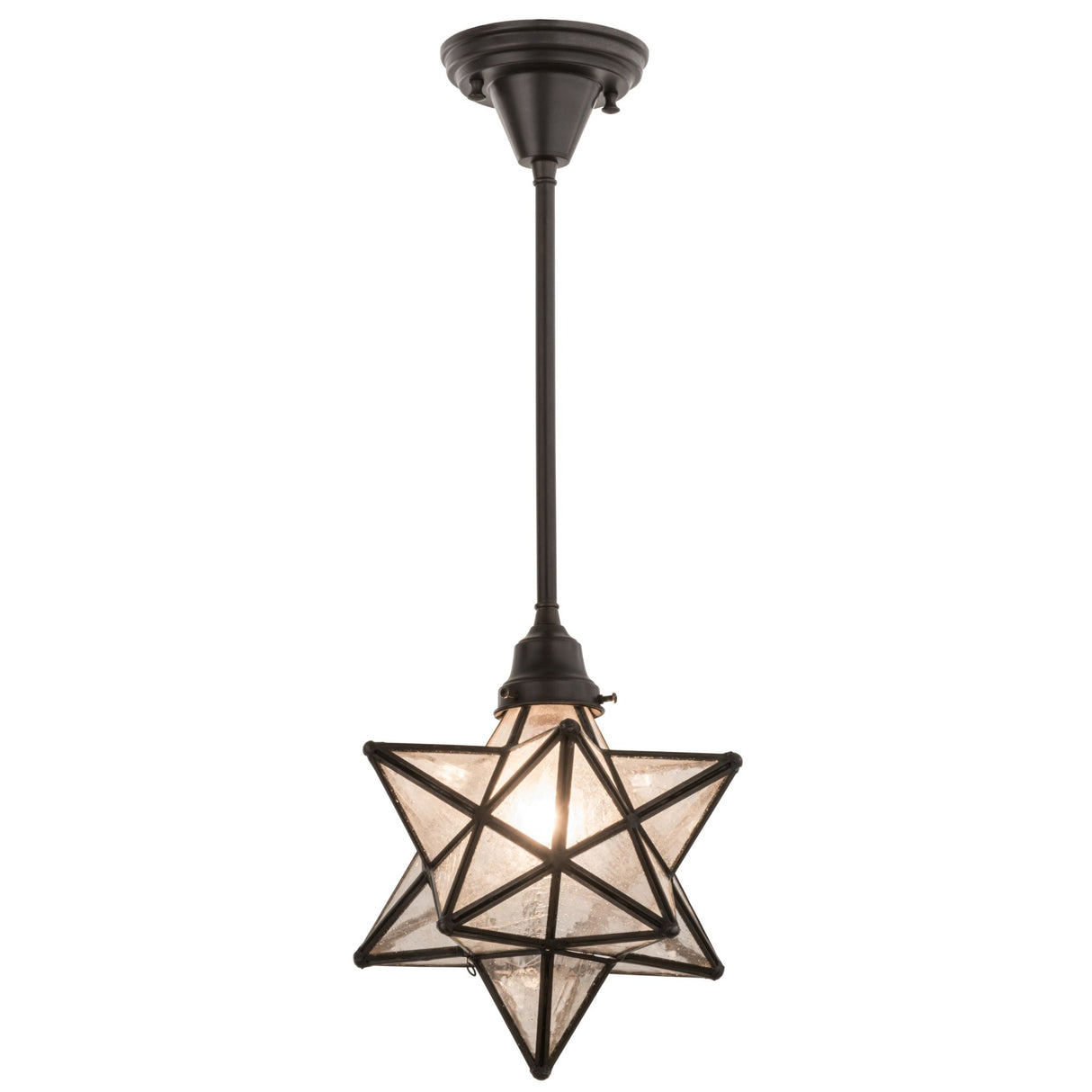 Lit view of Moravian Star Pendant with seeded glass and Craftsman Brown hardware.