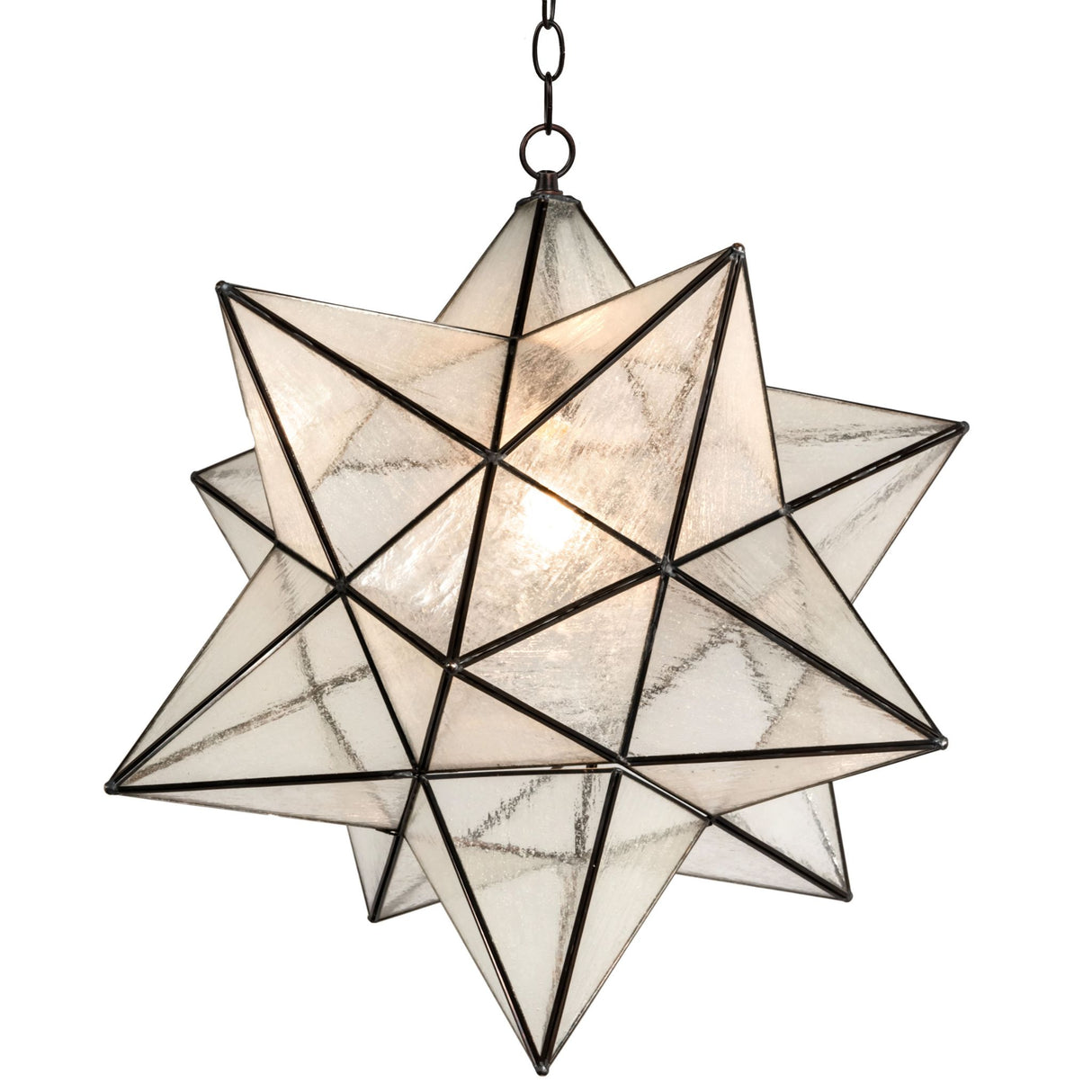 Illuminated Moravian Star pendant featuring Clear Seeded Glass and a Craftsman Brown finish.