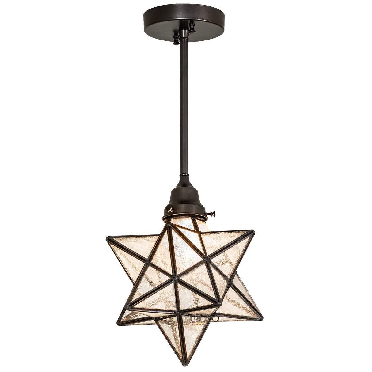 Lit view of the Moravian Star Pendant, casting a warm glow on the ceiling.