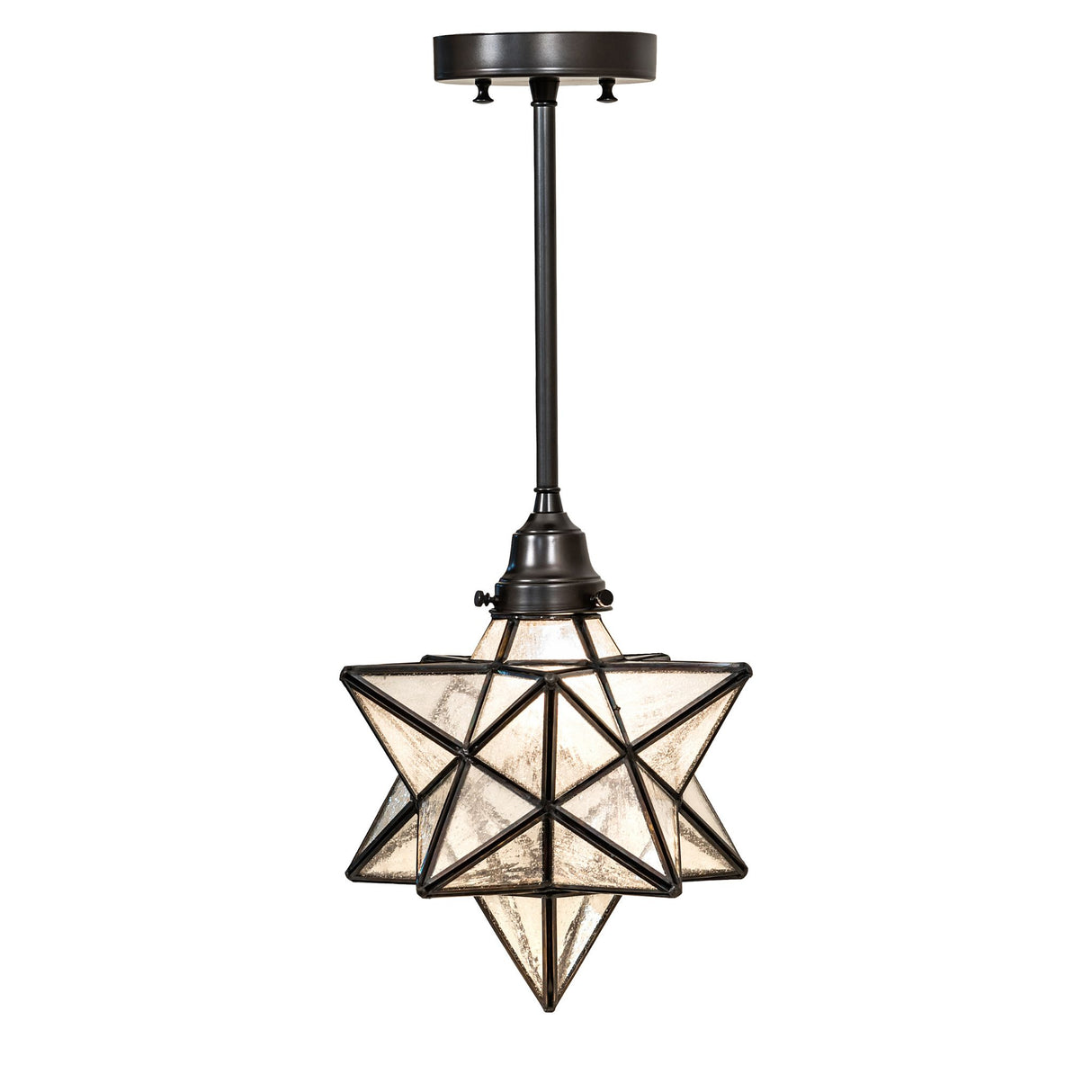 Side view of the Moravian Star pendant highlighting its brass frame.