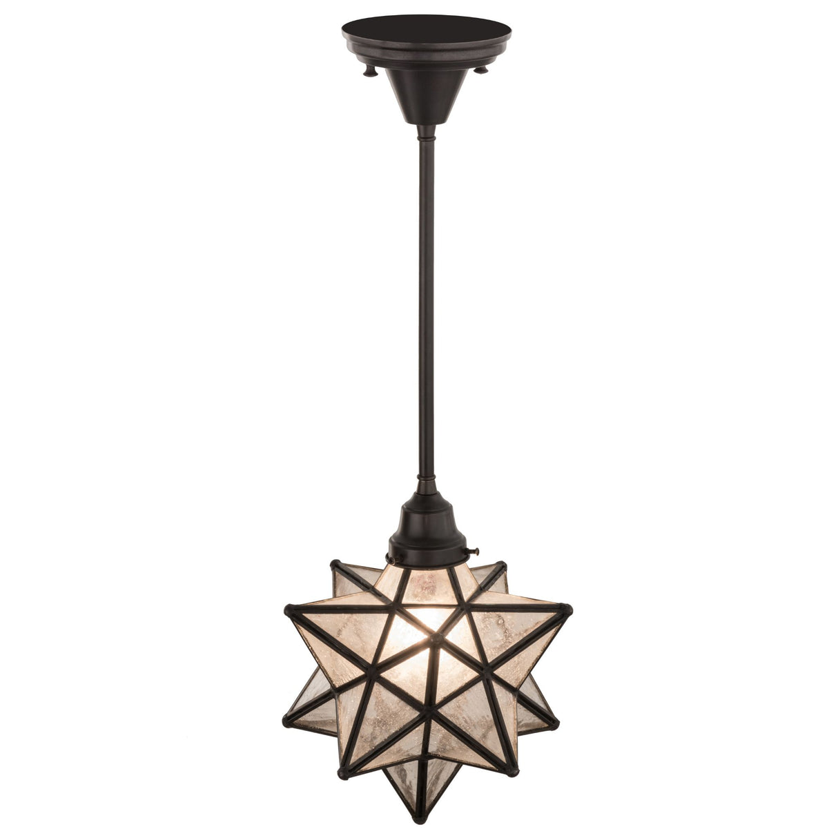 Top angle view of Moravian star pendant with seeded glass.