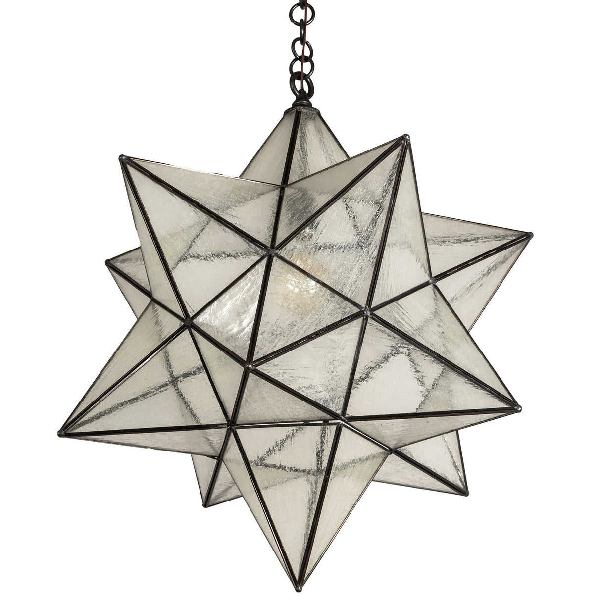 Moravian Star pendant in unlit state, showcasing intricate brass channel construction.
