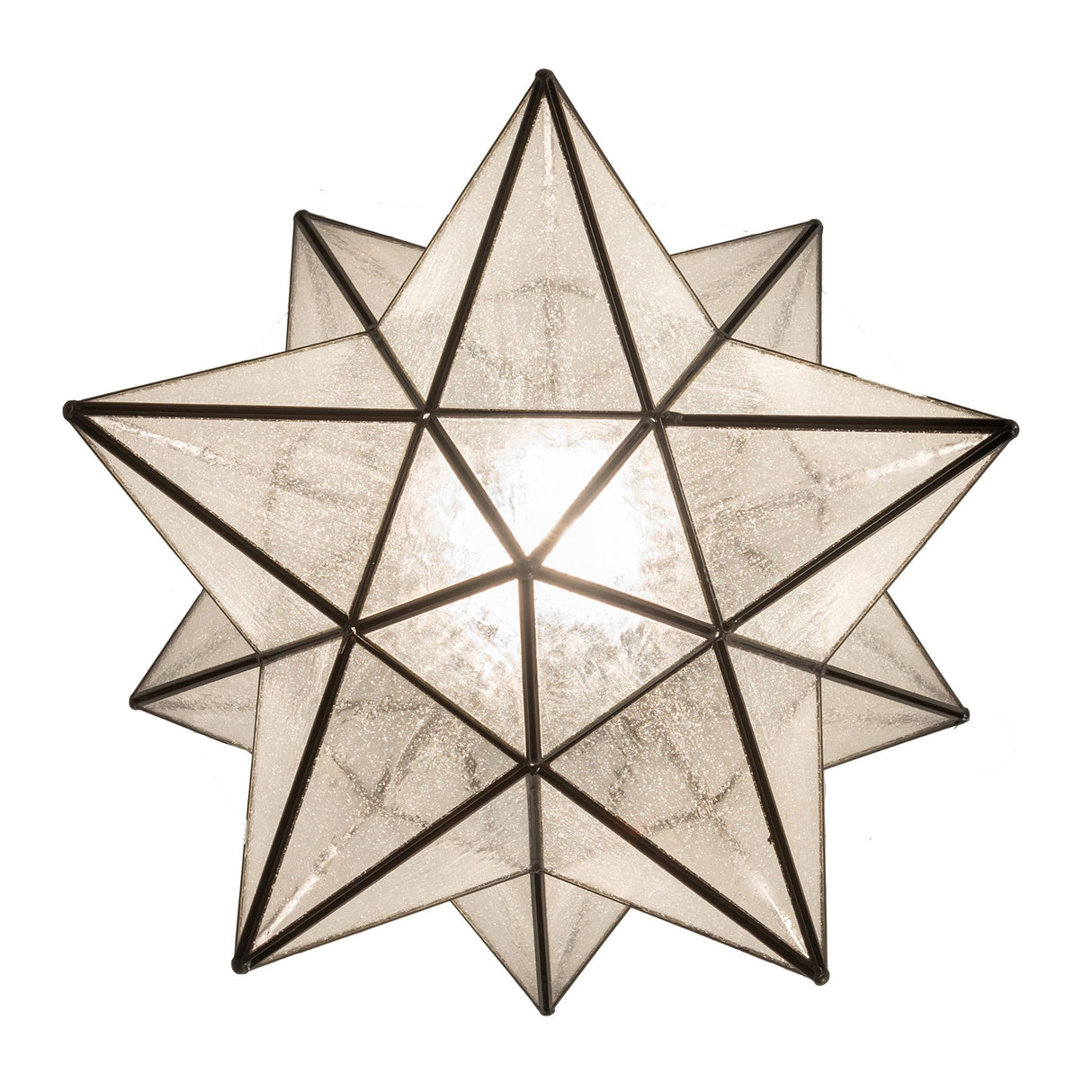 Bottom view of Moravian star semi-flushmount showcasing intricate brass framework.