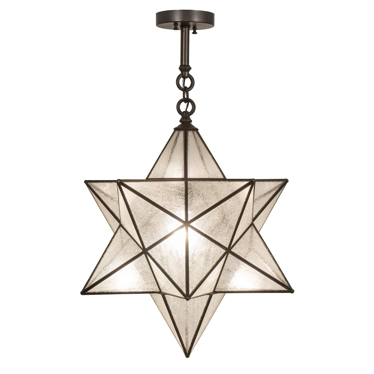 Complete view of Moravian star semi-flushmount with seeded glass panels.