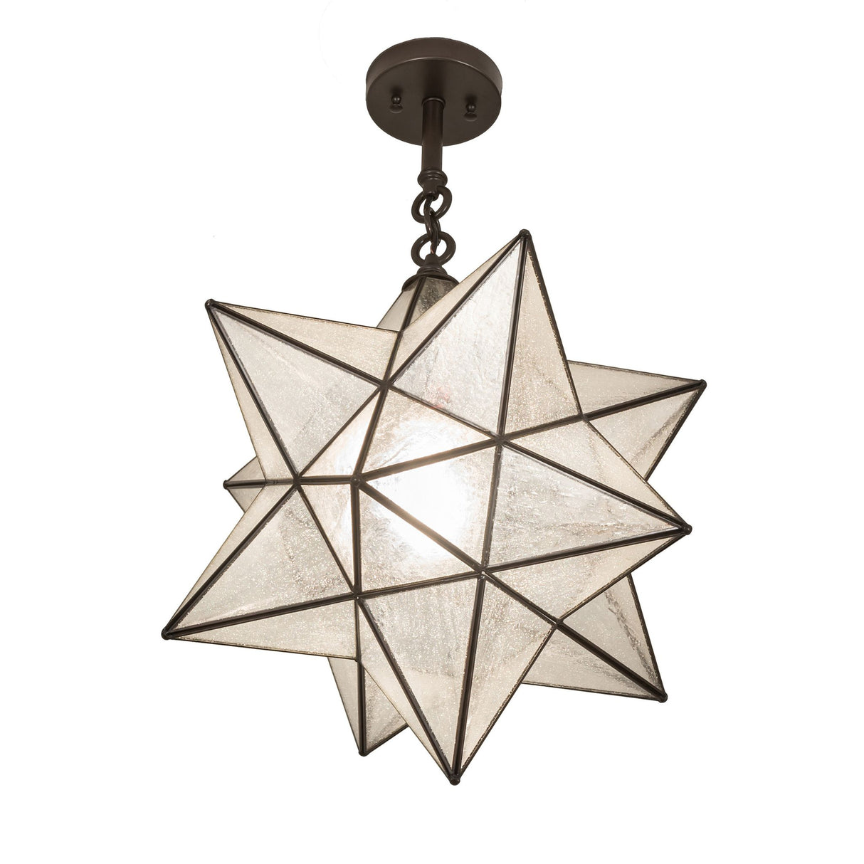 Angled side view of the Moravian star semi-flushmount in Craftsman Brown finish.