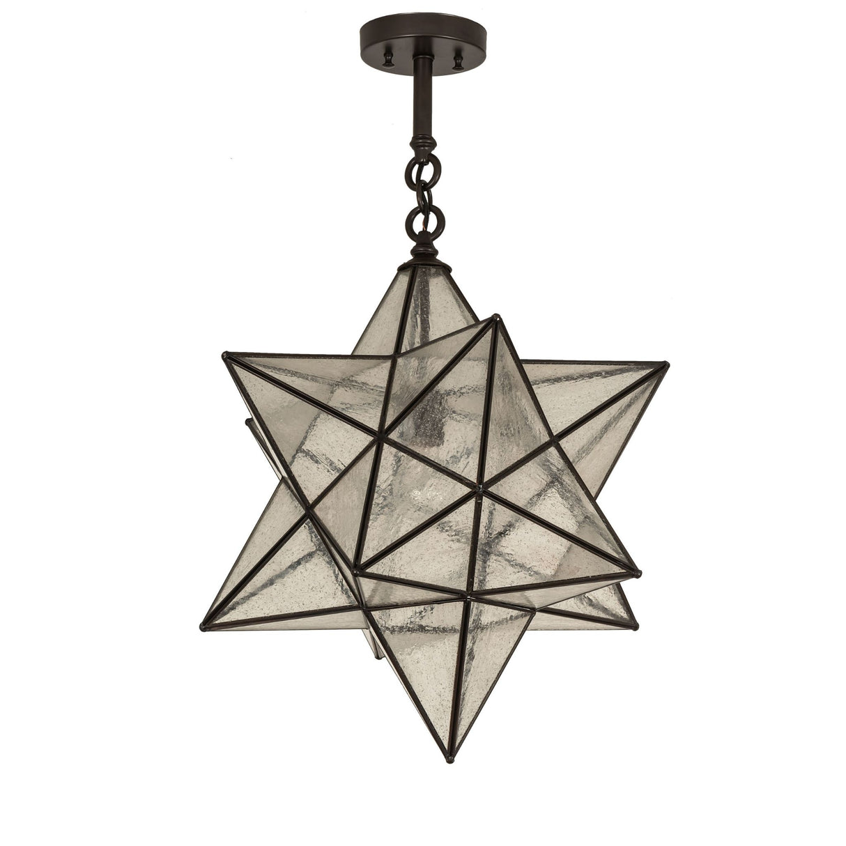 Unlit Moravian star semi-flushmount highlighting geometric glass panels.
