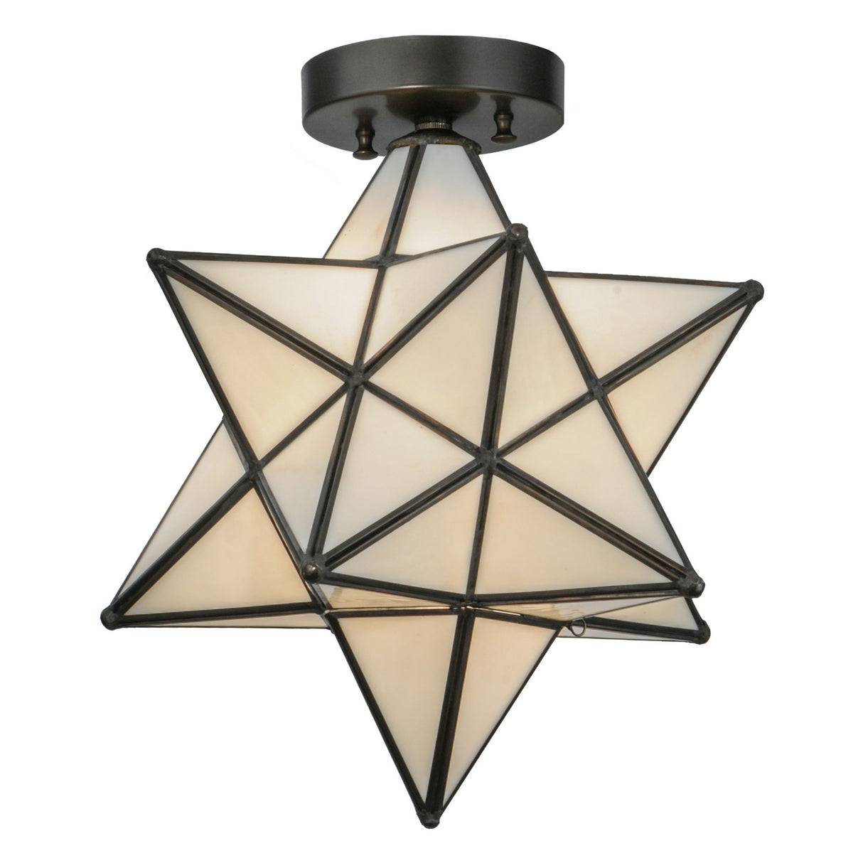 Illuminated Moravian Star White Flushmount showcasing its geometric design and warm glow.