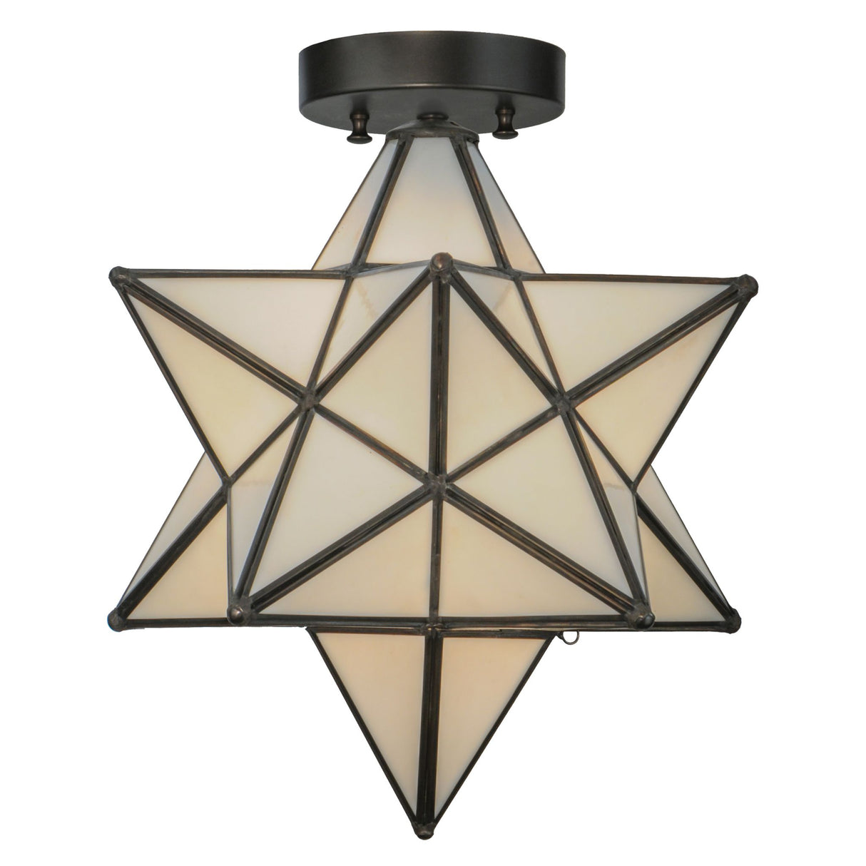 Side view of the Moravian Star White Flushmount with its handcrafted white art glass panels.
