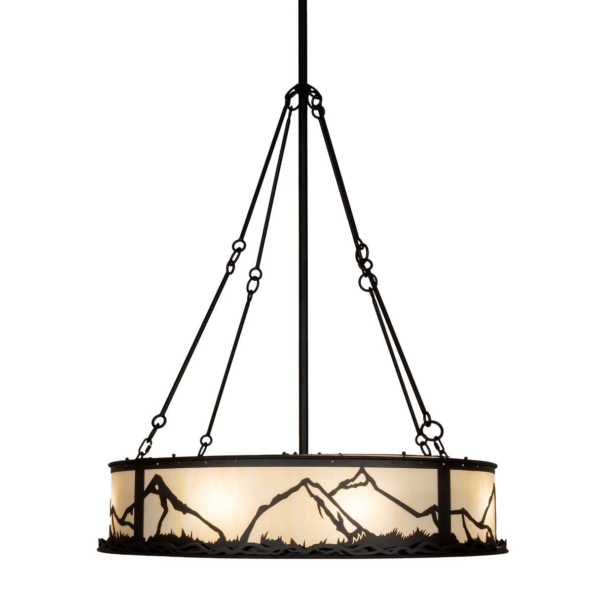Side profile displaying full mountain landscape design and bronze hardware.