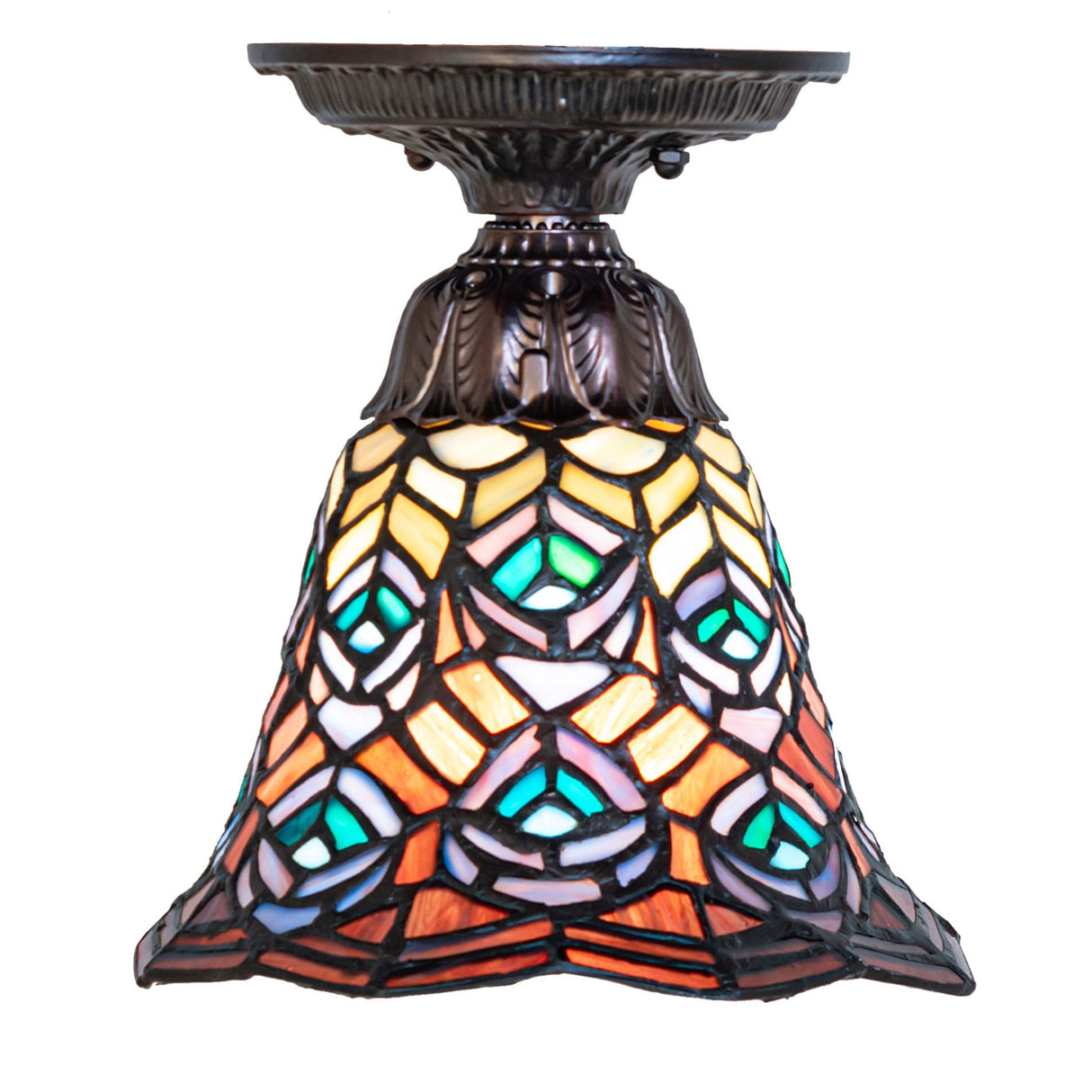 Multicolor Tiffany flushmount with a peacock feather design.