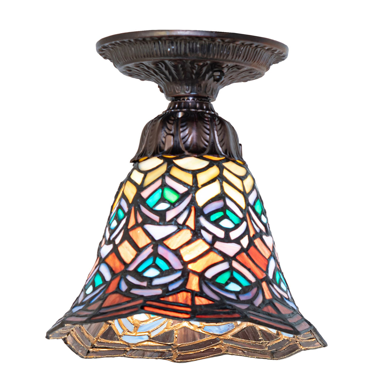 Side view of a Tiffany flushmount showcasing colorful peacock feather patterns.