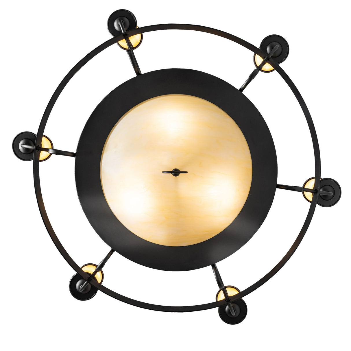 Bottom view featuring large Botticino Idalight bowl diffuser and wrought iron trim.