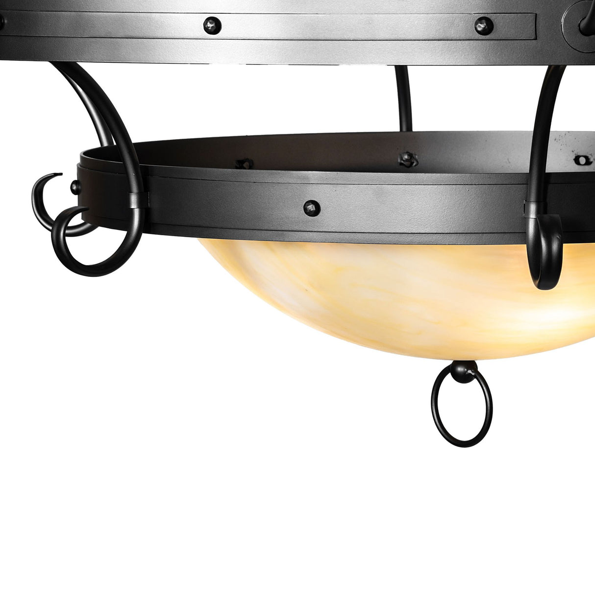 Detailed view of Nehring chandelier wrought iron ring construction with rivet and scroll accents.