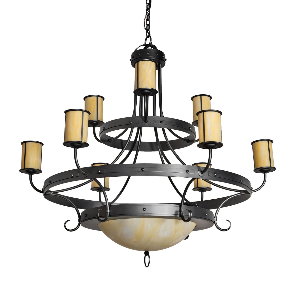 Unlit view of a chandelier showcasing three tier wrought iron structure and Idalight shades.
