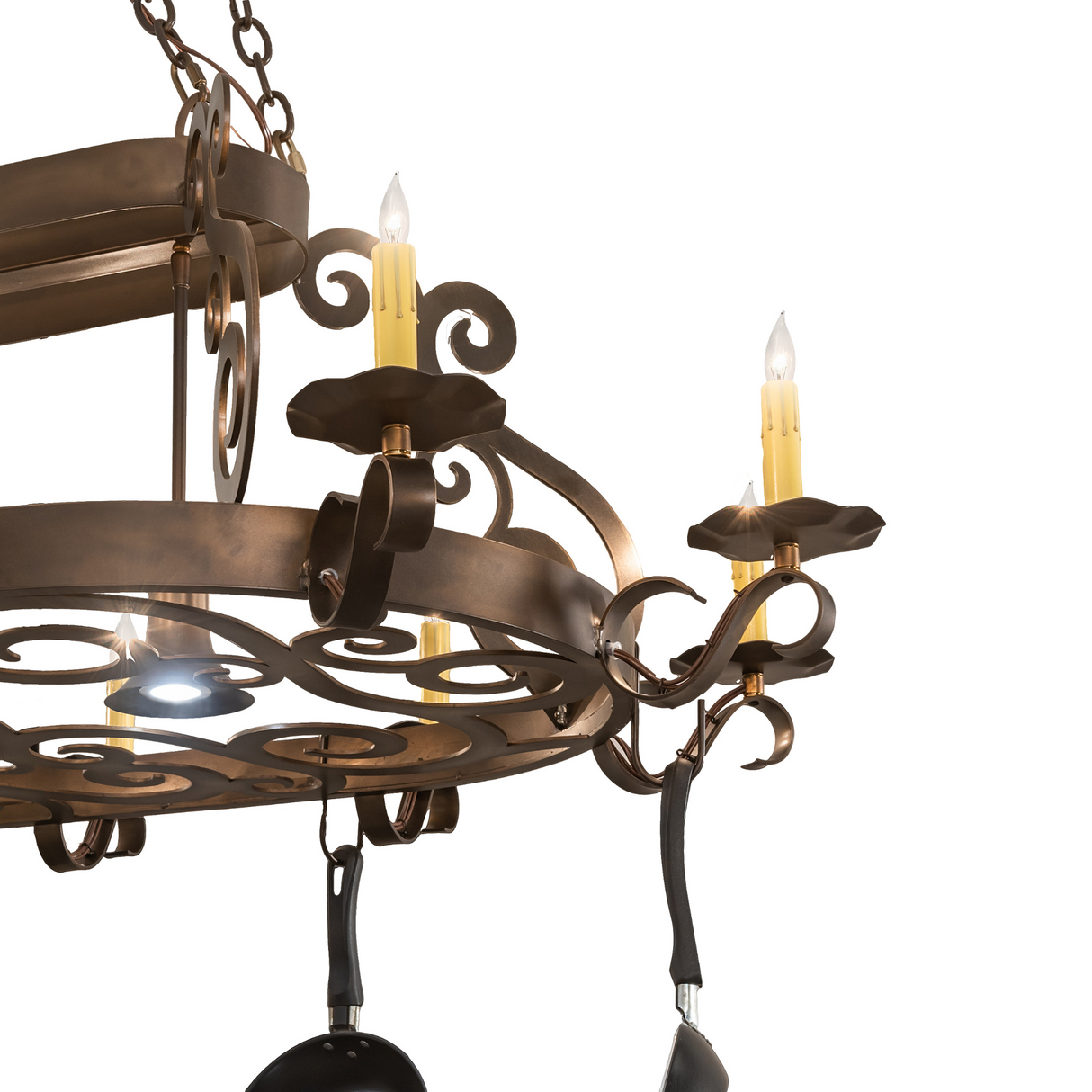 Closeup of faux candlelights on Neo 15 Light Pot Rack chandelier.