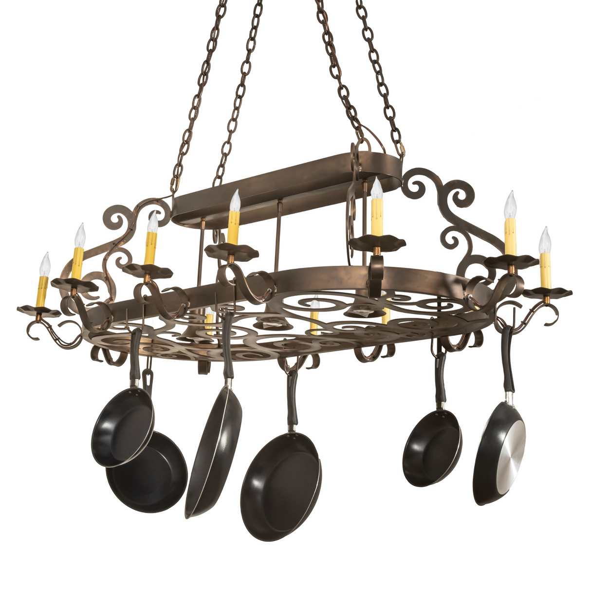 Side angle of Neo 15 light chandelier with candlelights and hooks.