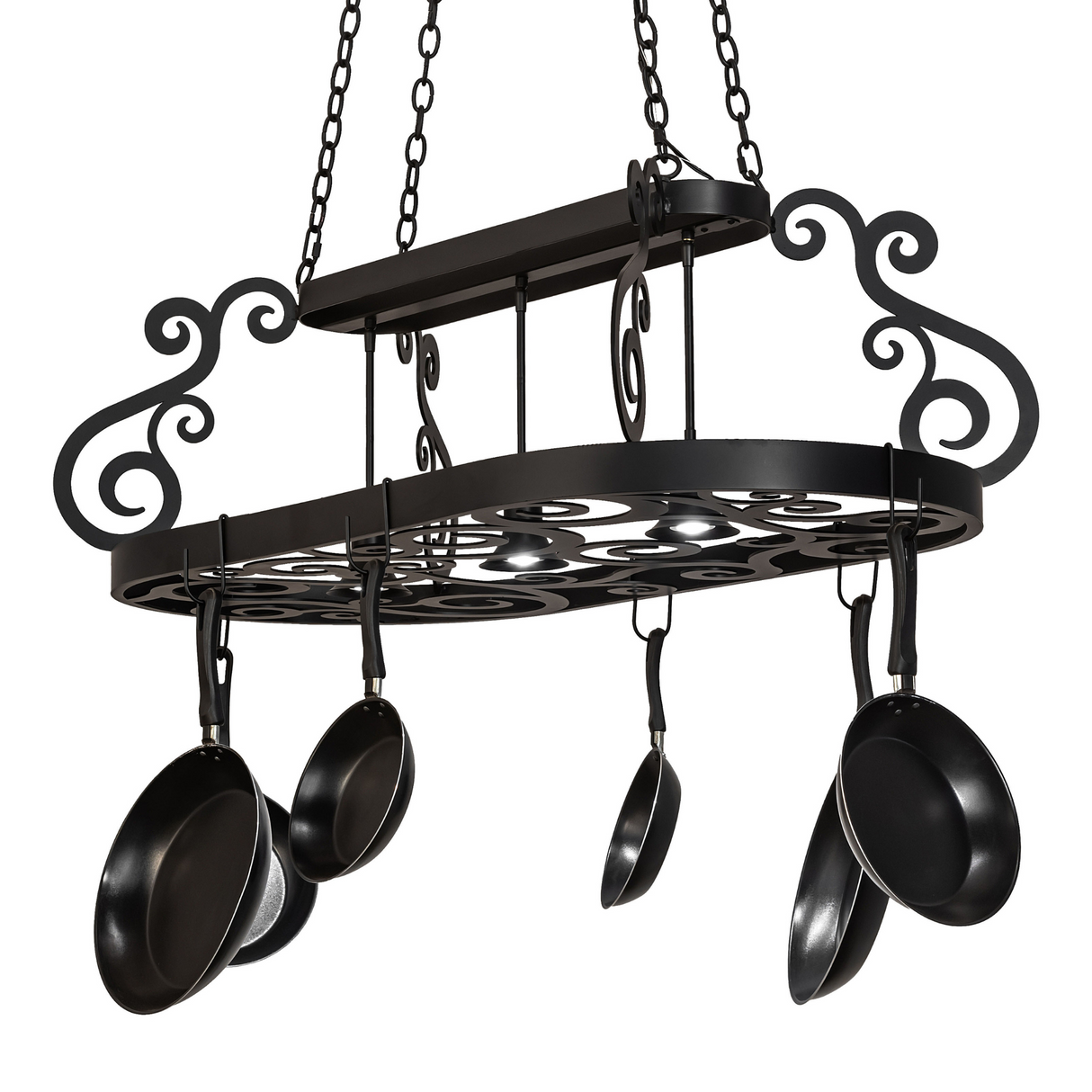 Front view of 48" Neo 3 Light Pot Rack with cookware.