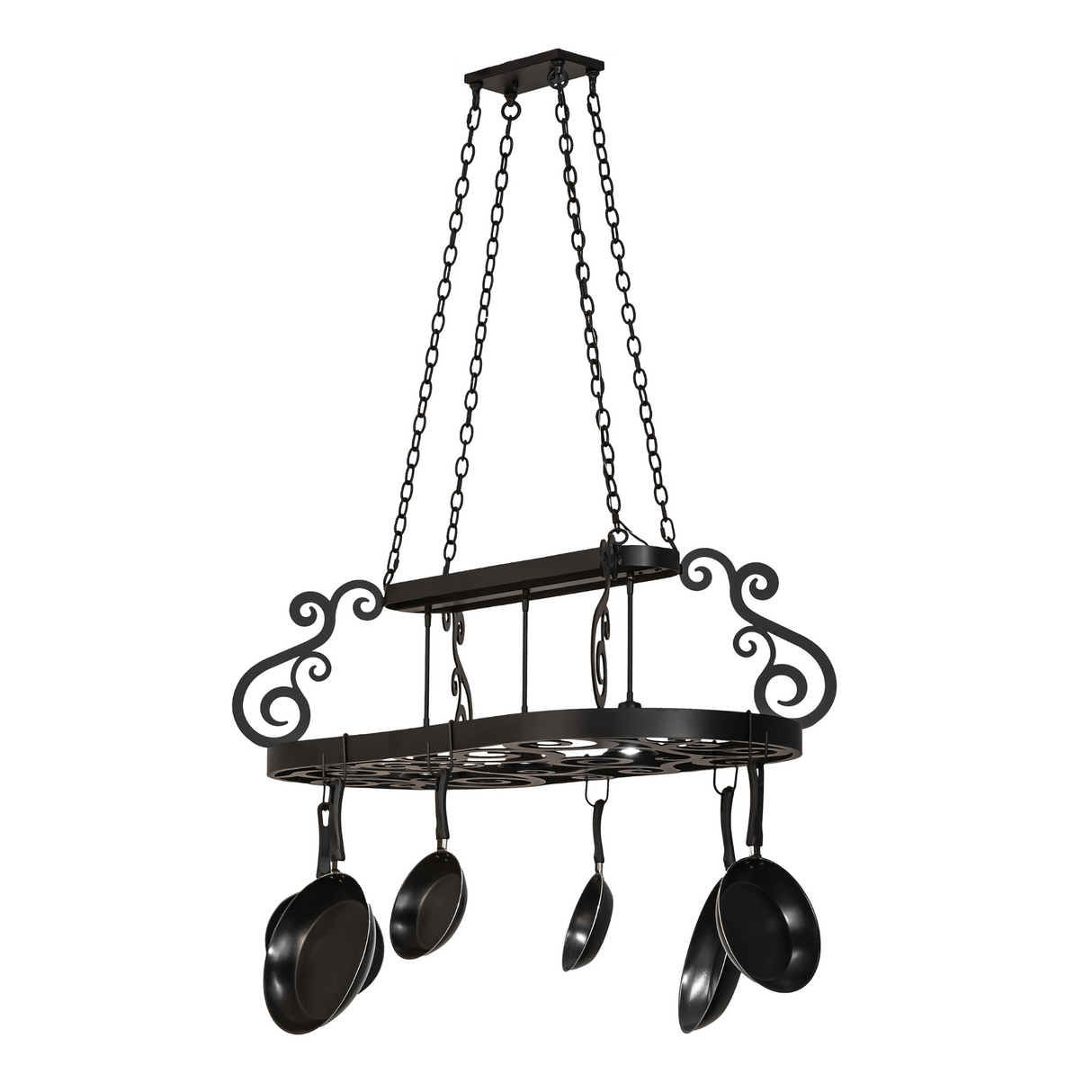 Full hanging view of 48" Neo 3 Light Pot Rack with cookware.