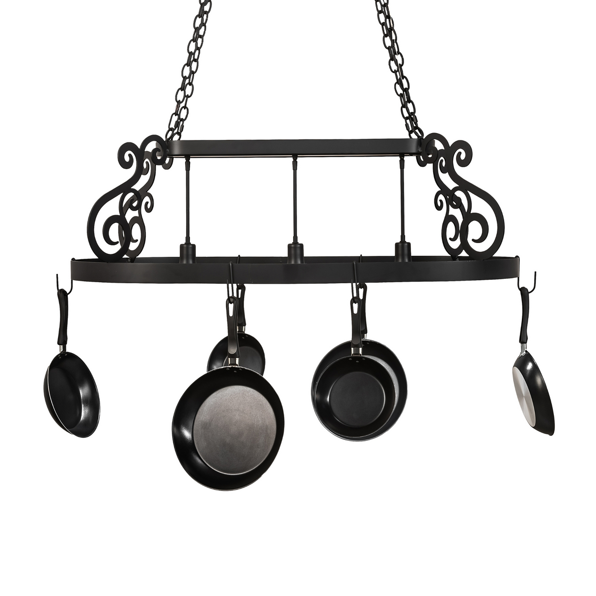 Straight-on view of Neo 3 Light Pot Rack with cookware hooks.