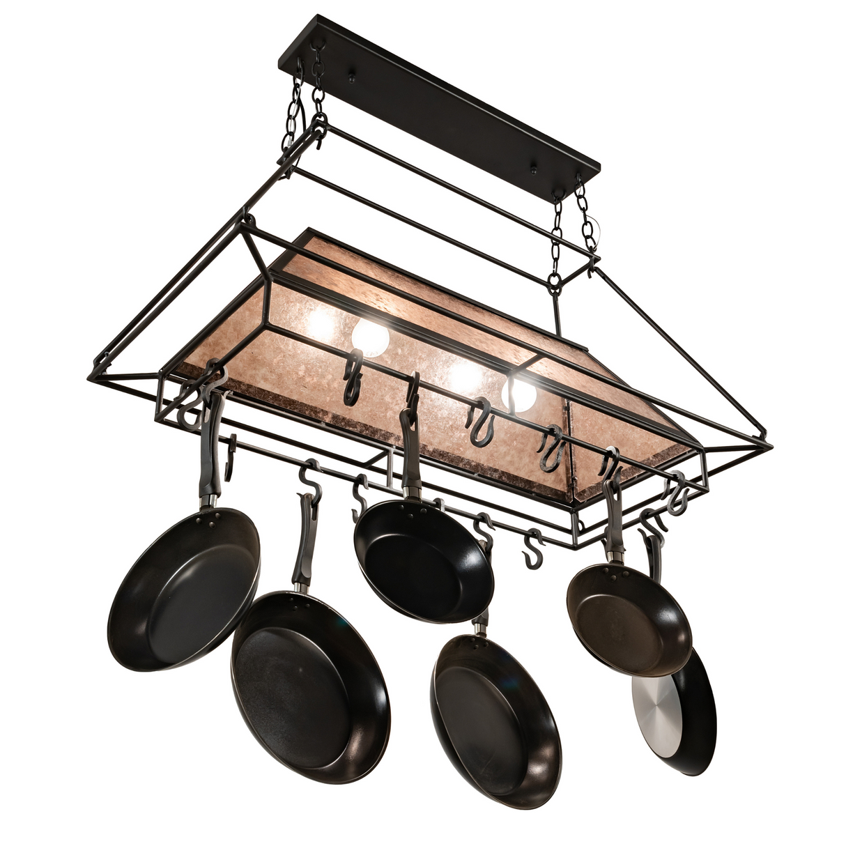 Angled bottom view of Neo 6 Light pot rack chandelier.