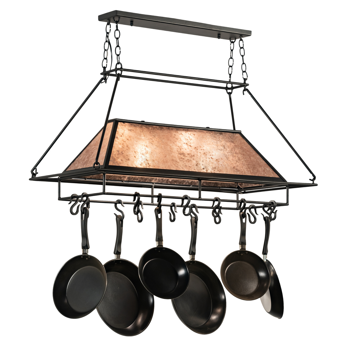 Neo 6 Light Pot Rack chandelier lit angled kitchen view.