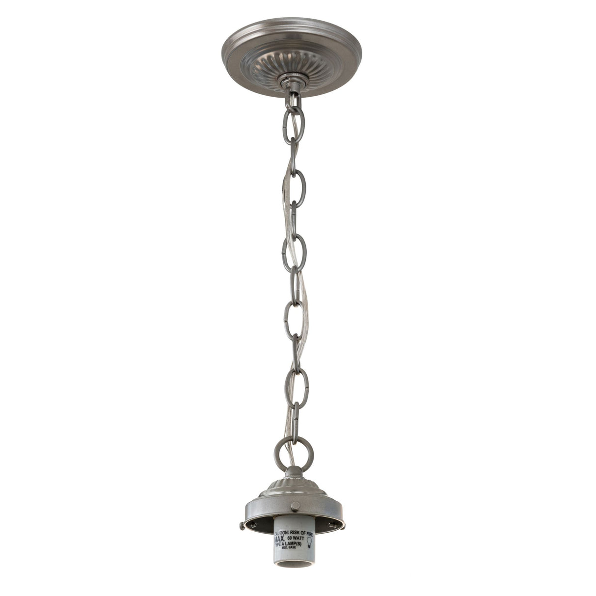 Nickel-finished pendant hardware with chain and socket for custom lighting.
