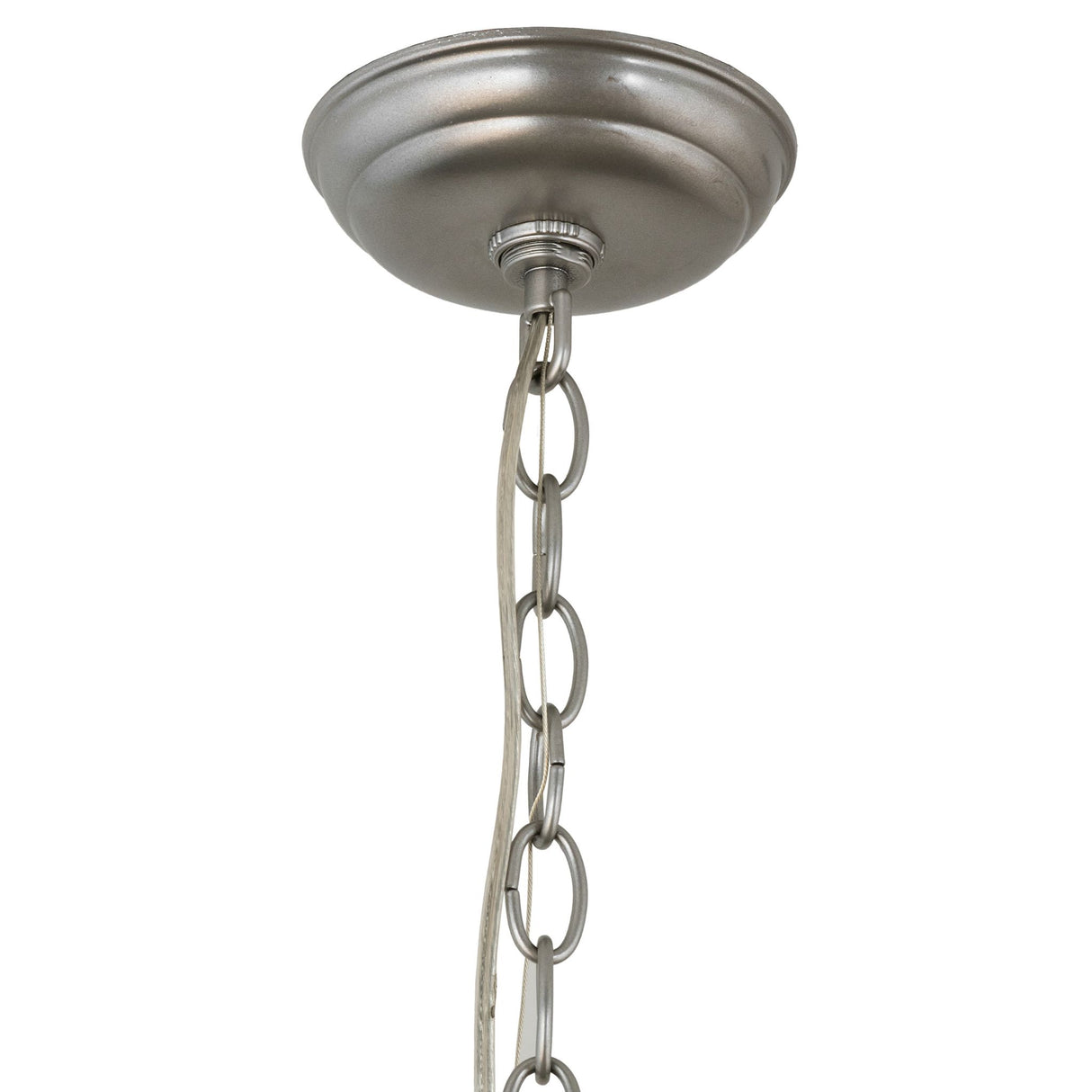 Ceiling mount view of the Nickel 3-Light Pendant Hardware with sturdy chain attachment.