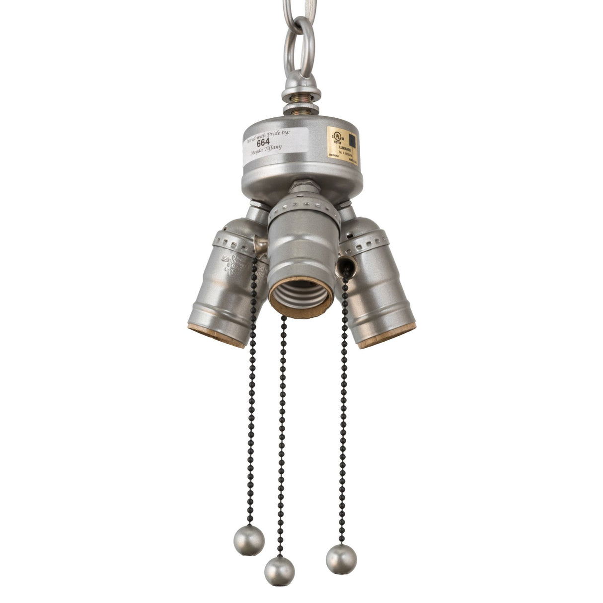 Close-up of the Nickel 3-Light Pendant Hardware showing the socket cluster with pull chains.